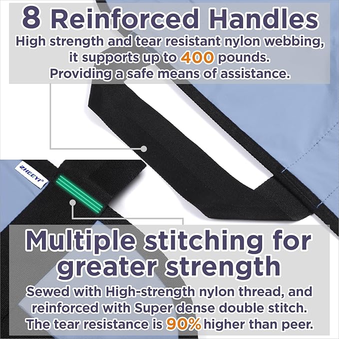 Multipurpose 48" x 40" Positioning Bed Pad with Reinforced Handles - Reusable & Washable Transfer Sheet for Turning, Lifting & Repositioning - Double-Sided Nylon Fabric, Blue Gray