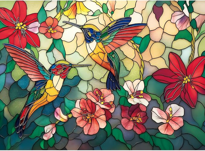 500 Pieces Puzzle for Adults - Vintage Paint Hummingbird Flower Puzzles - Stained Glass Birds Puzzle 500 Piece with Letters on Back Dust-Free,Fun Family Game,Gift for Men Women Seniors 20.5 x 15 in