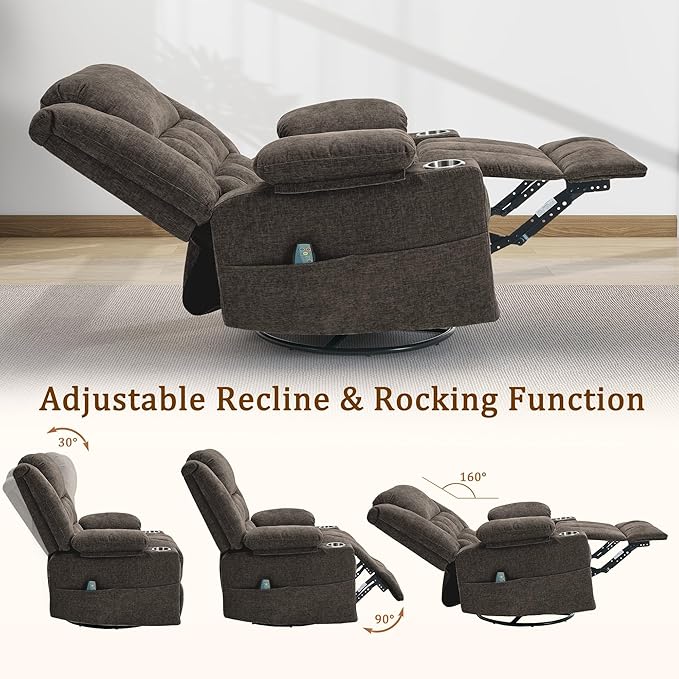 Korser Swivel Rocker Recliner, Nursery Glider Recliners for Adults with Massage & Heat, Rocking Chair with Cup Holder, Manual Recliner Chairs for Living Room, Bedroom (Brown)
