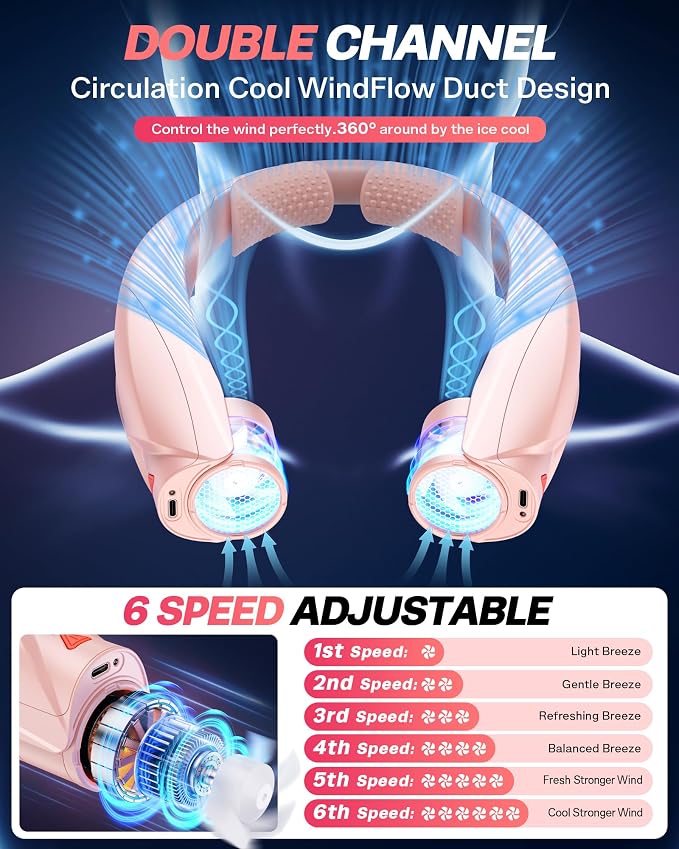 Laimiod Hand Free Portable Neck Fan with LED Book Light for Men & Women | Comfortable Silicone Made, 6-20 Hours Long Lasting, 6 Adjustable Speeds, Ultra Quiet Personal Neck Cooler for Indoor Outdoor