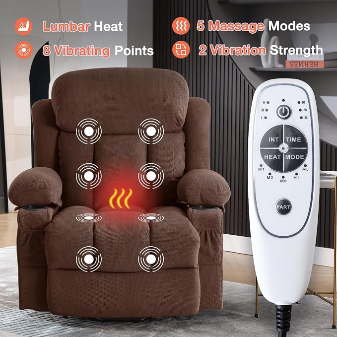 MAHOMICO Power Lift Recliner Chair for Elderly with Vibration Massage and Lumbar Heating,Electric Lift Recliner Single Sofa with Side Pocket,Two Cup Holders and USB Charge Port for Living Room