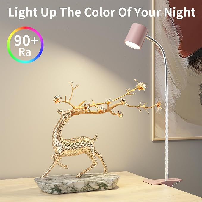 Dott Arts Desk Lamp,USB Clip On Light with 3 Color Modes,LED Reading Lamp | 360° Gooseneck Book Light,Eye-Care Reading Light for Home Office,10 Brightness Headboards Pink