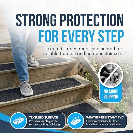 Outdoor Stair Treads Non Slip (20 Pack) - Black 30” x 6” Anti Skid Grip Tape, Heavy-Duty Waterproof Weather-Resistant Adhesive Strips for Exterior Steps