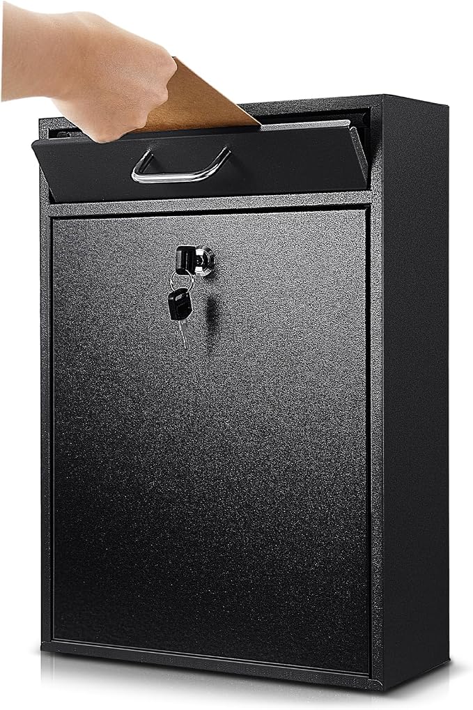 Yaocom Large Locking Mailbox with Key for Outdoor 16.2 x 11.2 x 4.7 Inches Large Wall Mount Mail Box with Lock Security Mail Drop Metal Collection Boxes Hanging Secure Postbox(Black)
