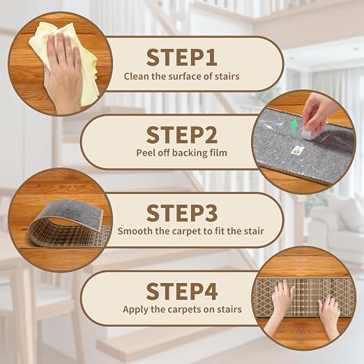 Non Slip Stair Treads for Wooden Steps, 1 Pack 30"x30" Washable Carpet | 30x30 in soft chenille polyester stair treads with reusable TPE backing for indoor wood stairs, dogs, kids, and seniors