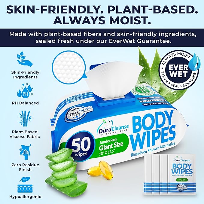 XL Body Wipes for Adults (4 Pack) 200 Shower Cloths + 16 Travel Sheets – 10" x 11.5" No Rinse Disposable Washcloths for Elderly Care, After Surgery & Recovery