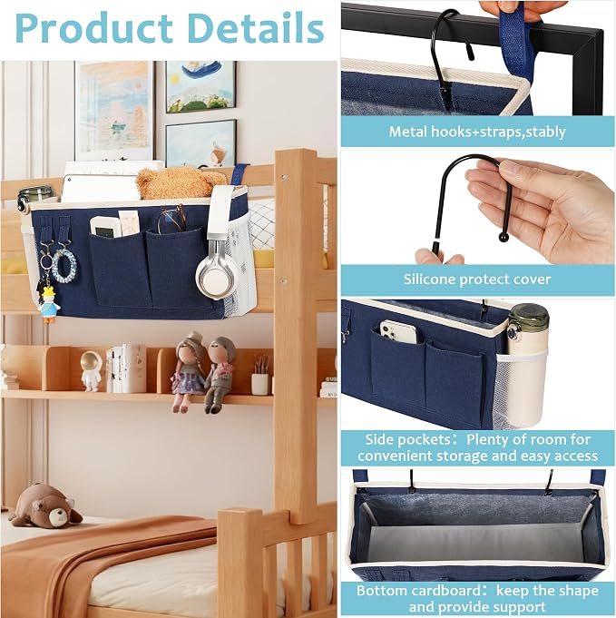 Bedside Caddy, Bedside Storage Bag Hanging Organizer for Bunk Dorm Bed Rail | Bed Caddy with Hooks, Top Bunks and Dorm Essentials for Water, Tissues, Tablets, Books, Phones, Remotes and Other Necessories