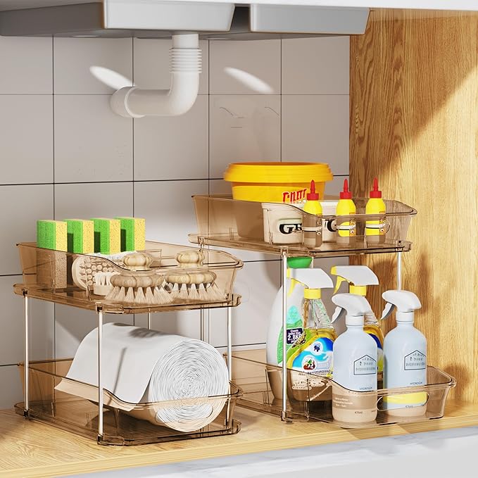 Delamu 2-Tier Under Sink Organizers and Storage, Multi-Purpose Stackable Bathroom Cabinet Organizers, Pull Out Kitchen Pantry Organization and Storage with Dividers(2 Pack, Amber)
