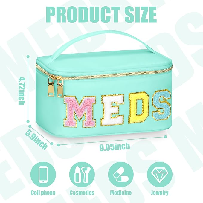 BuyCard Medicines Chenille Letter Bag Nylon Meds Makeup Pouch Preppy Path with Zipper and Handle Cosmetic Toiletry Storage Purse for Women Green