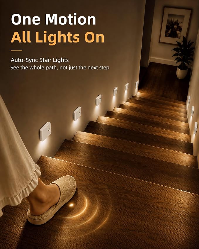 EZVALO 6 Pack Motion Sensor Night Lights with Charging Station, Sync LED Stair Lights Indoor, 1500mAh Rechargeable, Magnetic & Dimmable, 3000K Soft White, Portable Nightlight for Hallway, Stairs