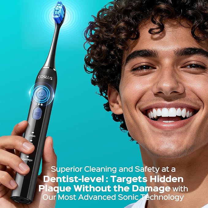 COSLUS Sonic Electric Toothbrush for Adults: 3 Intensities & 5 Modes Gum-Friendly for Deep Cleaning & Whitening - 2 Types of Heads for Family, Sensitive Teeth, Braces, Travel & Home Use, Black, 1PC