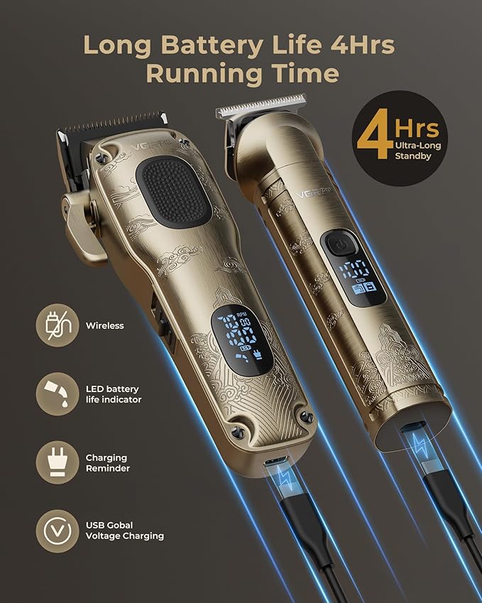 VGRPRO Hair Clippers for Men Professional, Cordless Clipper and Trimmer Set | 7000RPM Grooming Kit with EVA Case, LED display, 14 Guide Combs (including Right & Left Ear Taper Combs), Nose Trimmer Head