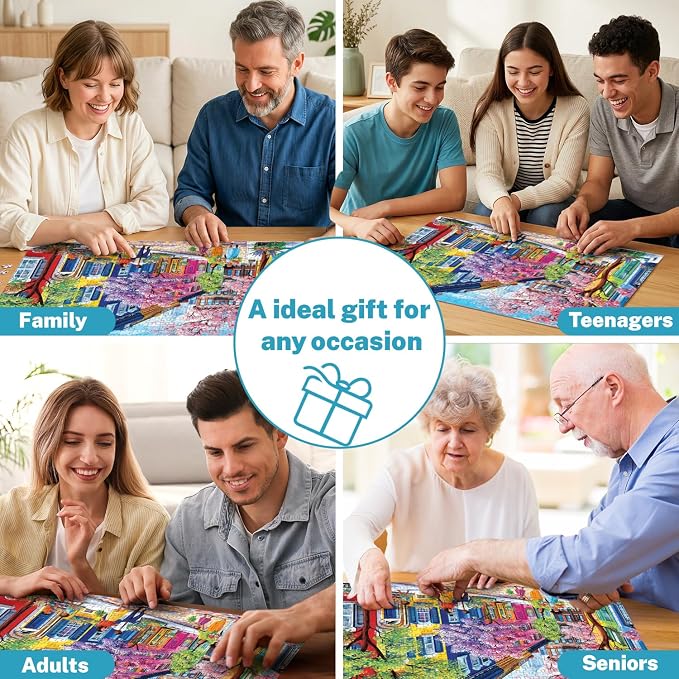 500 Piece Jigsaw Puzzle for Adults, Colorful Spring Street with Blossoms | Vibrant townhouses, blooming trees and cheerful family scenes for screen-free fun, game night, wall decor and senior gifts