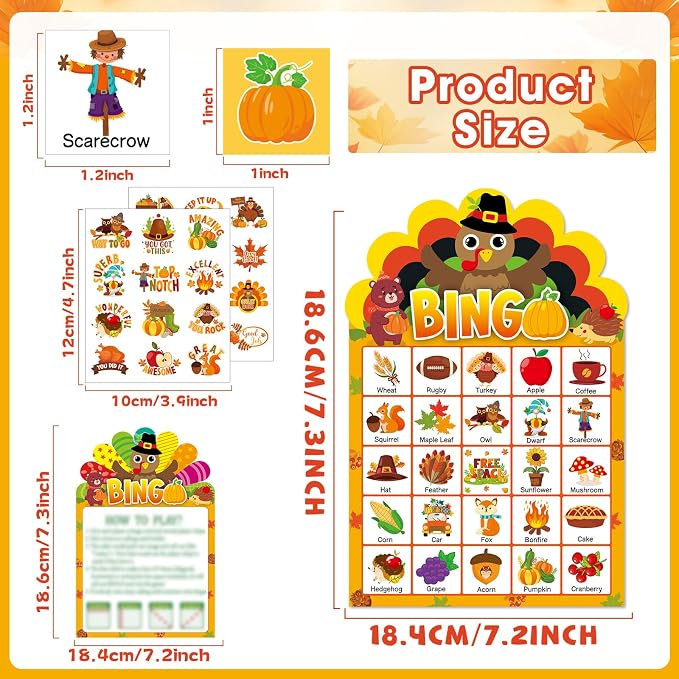 39 Pcs Thanksgiving Party Bingo Game for Adults Kids 24 Players Turkey Shaped Bingo Game Cards with Reward Stickers for Family Friends Students Large Group Activities Fall Autumn Festival Party Favors