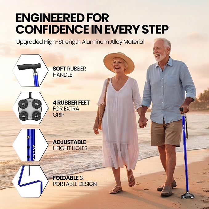 Allay Walking Canes for Men & Women - Adjustable Canes for Women for Stability, Self Standing Wide Quad Pivot Base, Light Weight, Soft Handle Grip and Travel Bag, Walking Sticks for Seniors