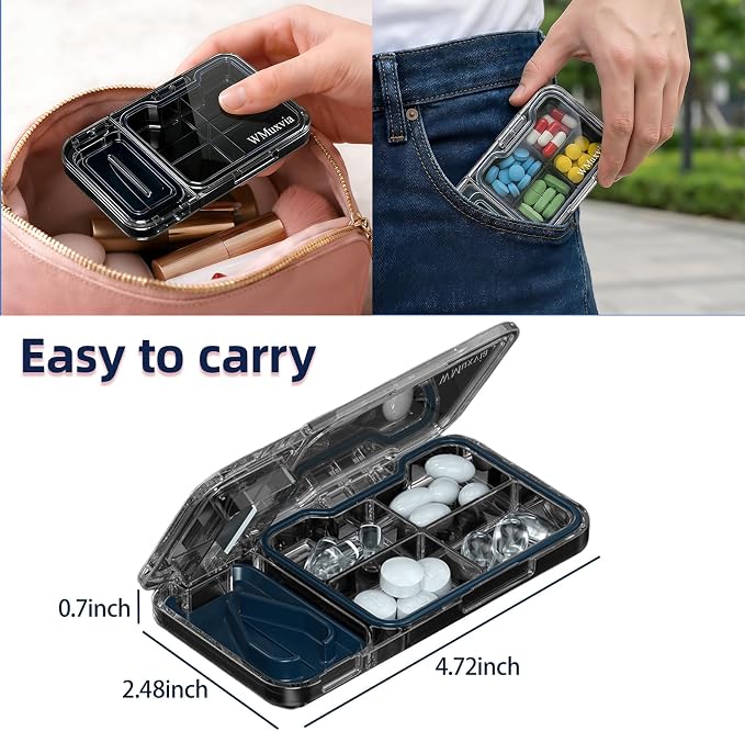 Pill Organizer with Pill Splitter Cutter, 4 Compartments Small Portable Medicine Case for Purse Pocket, Pill Vitamin Dispenser Holder, (Gray)