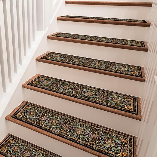 Vintage Floral Stair Treads 15 Pack Washable Flower Stair Runner | 15PCS Flower Peacocks Stair Runners Non Slip Washable, 8x30 Inch Vintage Floral Rug Carpet, Stairs Silicone Backing