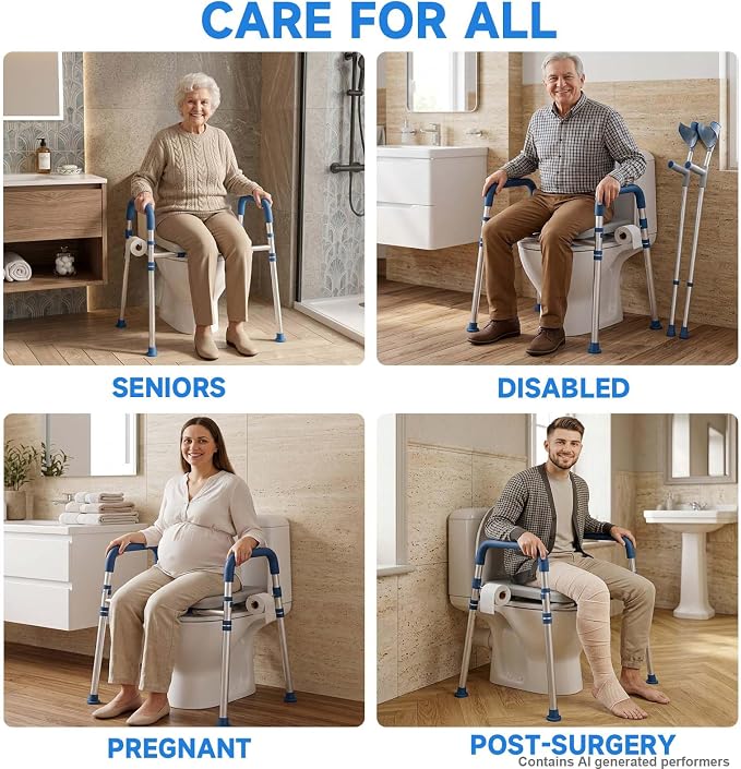 Raised Toilet Seat with Handles, Blue | Adjustable Height & Width, 400lbs Capacity, Padded, For Seniors, Disabled, Post-Surgery, Fits Most Toilets