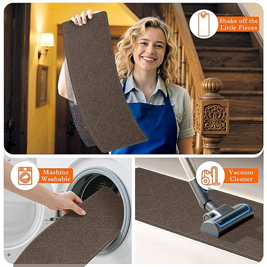 Stair Treads for Wooden Steps 4 PCS Non Slip Stair Rugs Brown | 8x30in Self-adhesive Stair Runner Strips, Machine Washable, Indoor Carpet for Stairs, Stair Protection for Kids Pets Elderly