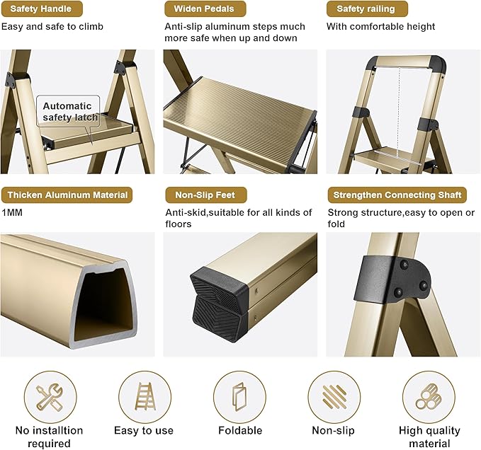 Step Ladders Folding 4-Step Champagne Gold Finish Aluminum Foldable Step Stool,Anti-Slip Portable Sturdy for Home & Kitchen Office 330 lbs