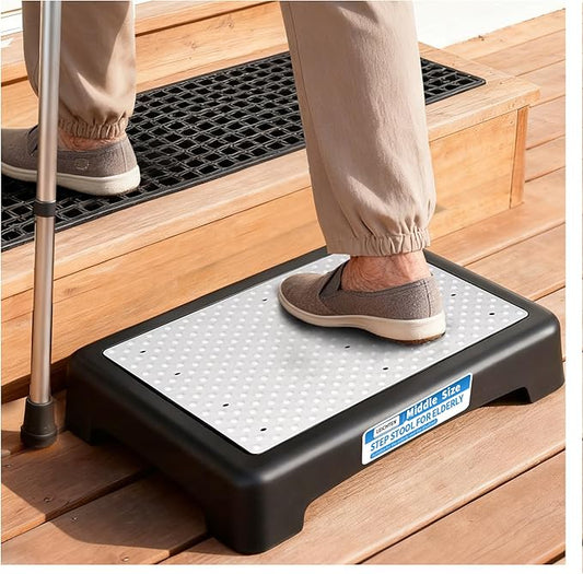 Step Stool for Adults Elderly, Sturdy Portable Half Stepping Stool Anti Slip Mobility Daily Aids Indoor/Outdoor Wide Safety Platform for Kitchen Bed Toilet Bathroom Cars,Middle Size White