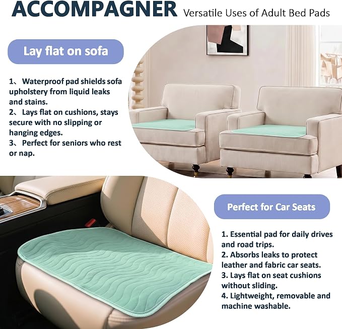 Accompagner Incontinence Bed Pads Washable Waterproof, Ultra-Absorbent Reusable Underpads for Diaper Changing, Nursing, Bedridden, Adults, Seniors, Kids and Dogs (Green, 24"x24"(Pack of 4))