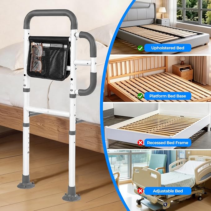 Bed Rails for Elderly Adults Safety, ASTM Tested 400 LBS Bed Assist Rail with Side Assist Handle, Ergonomic Foam Grip, Bed Cane for Seniors, Adjustable Height Thickened Carbon Steel Frame (White)