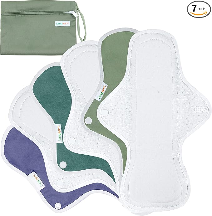 Langsprit Reusable Sanitary Pads for Women, Feminine Pads for Women Regular Absorbency Cotton Washable Cloth Menstrual Pads 6pcs Set with Mini Wet Bag Leakfree and Periods (Extra Large)