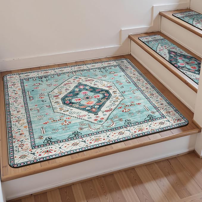 Non-Slip Stair Treads Matching Mat for Wooden Steps 31"x31" Landing Rug | Square Rubber Backing Anti-Slip Stair Carpet Landing Mat Stair Rugs Carpet for Stairs, Light Blue