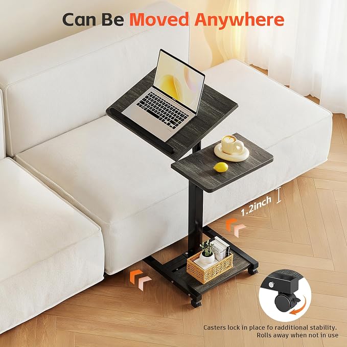 Laptop Desk Stand for Bed Portable Desk Overbed Bedside Mobile Laptop Table Rolling Foldable Table Adjustable Height with Locked Wheels & Mouse Pad for Office Sofa (Dekuwood Black)