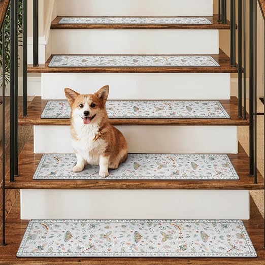 OJIA Insect Stair Treads Non-Slip Stair Runner for Wooden Steps 15PC 30"x8" | Indoor Stair Runners Carpet Stair Treads for Wood Stairs Staircase Step Treads for Kids, Elders, Dogs, Stair Covers, Beige