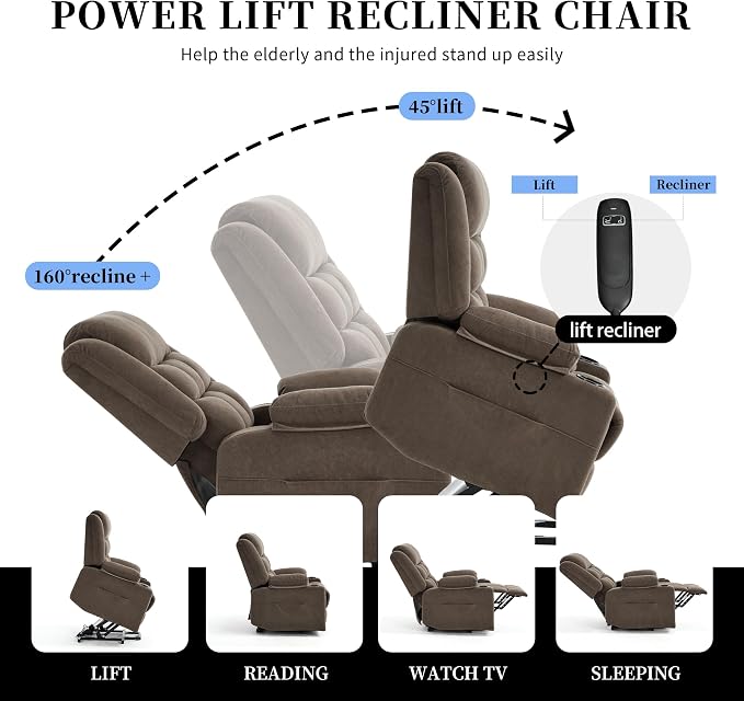 Power Lift Chair Recliners for Elderly with Heat and Massage, Recliner Chairs for Adults, Upgraded Fabric Recliner with USB & Type-C Charge Port, Cup Holders (Brown-O)