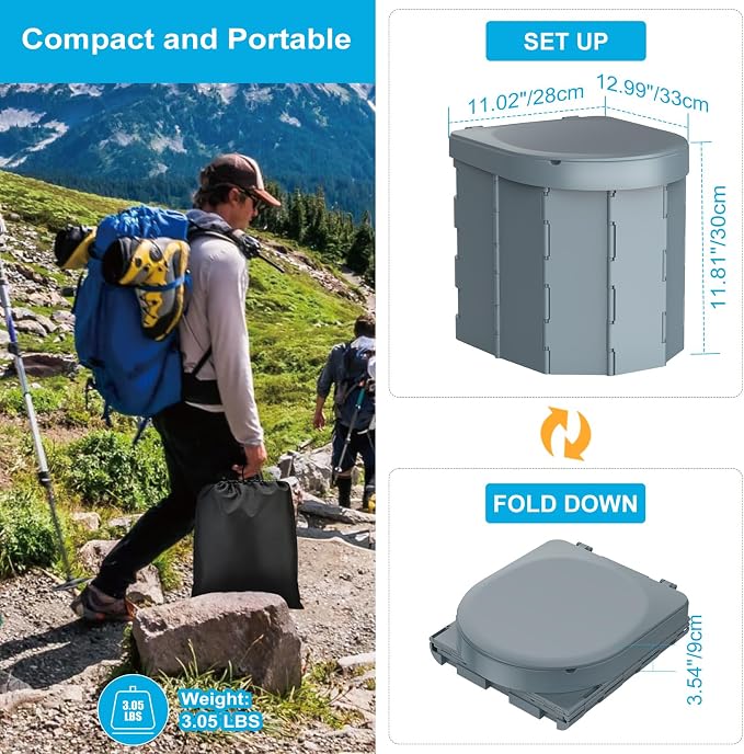 Portable Camping Toilet, Folding Toilet for Adults with Lid and Retractable Toilet Paper Holder, Waterproof Porta Potty with Carry Bag and Disposible Liners