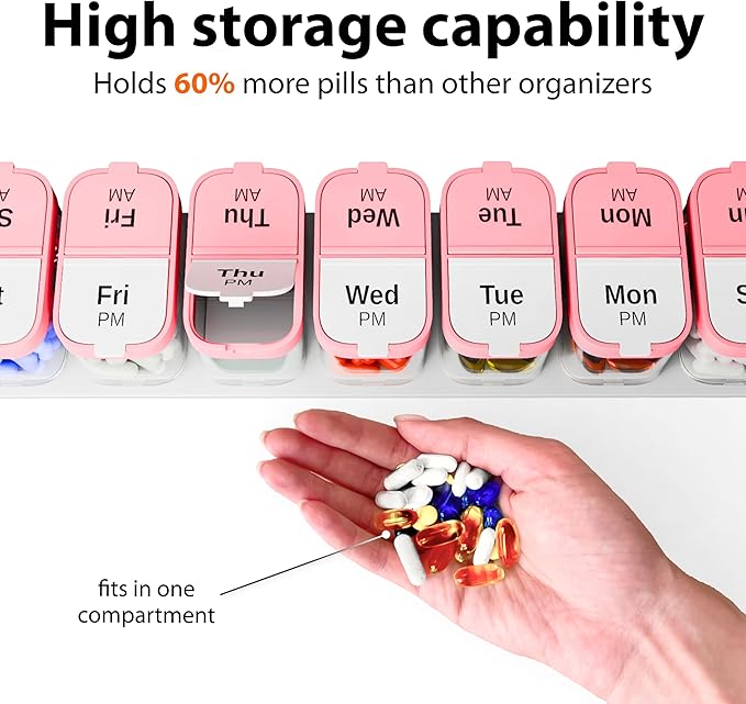 Extra Large Weekly Pill Organizer - XL Vitamin Holder with 7 Detachable AM PM Compartments - Portable Medicine Dispenser for Home and Travel, Big Supplement Container for Weekly or Daily Use, Pink