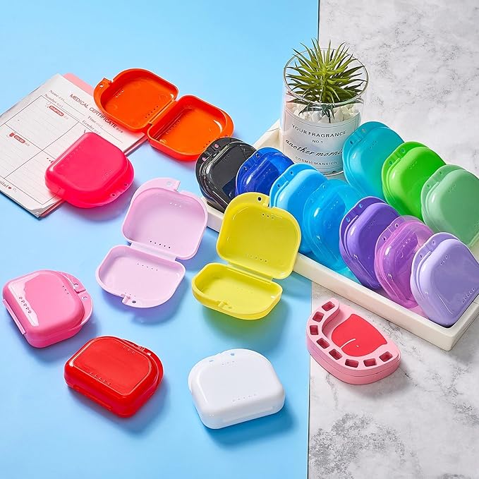 Sherr 120 Pcs Dental Retainer Cases Bulk with Holes 17 Colors Denture Case Mouth Guard Holder False Teeth Container Multicolored Retainer Holder for Travel Office Home