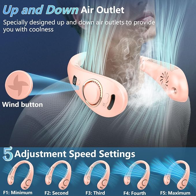 Misting Fan Neck Fans that Blow Cold Air-Foldable Fan with Water Spray Misting,Rechargeable Battery Neck Fan,Cordless Quiet Face Travel,Best Gifts for Mother'S Day Father'S Day Birthday Pink