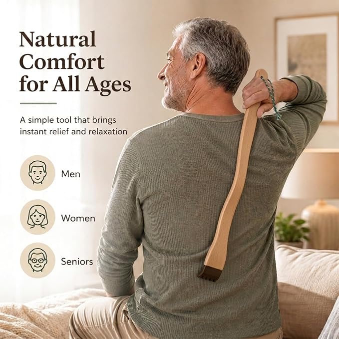 Natural Buffalo Horn Back Scratcher, 17" Curved Beech Wood Handle | Natural Buffalo Horn Tip, 17-Inch Curved Beech Wood Handle, Long Reach, Smooth Rounded Edge, For Men, Women And Seniors