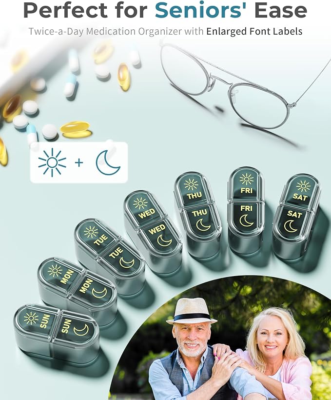 Pillex Pill Organizer 2 Times a Day, AM PM Pill Box 7 Day, Weekly Medicine Organizer with Large Capacity, Travel Pill Case for Medication, Vitamins, Fish Oils, Supplements (Easy to Use, Portable)