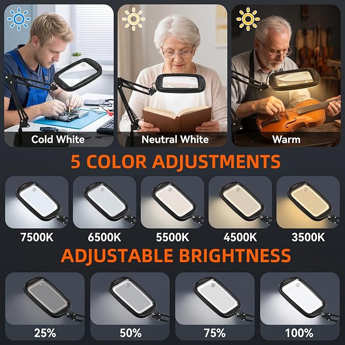 10X 30X Extra Large Magnifying Glass with Light and Stand 7-inch | 5 Color Modes Dimmable,Lighted Magnifying Glass Rectangle Hands-Free Magnifier Desk Lamp for Reading Craft DIY Close Work B