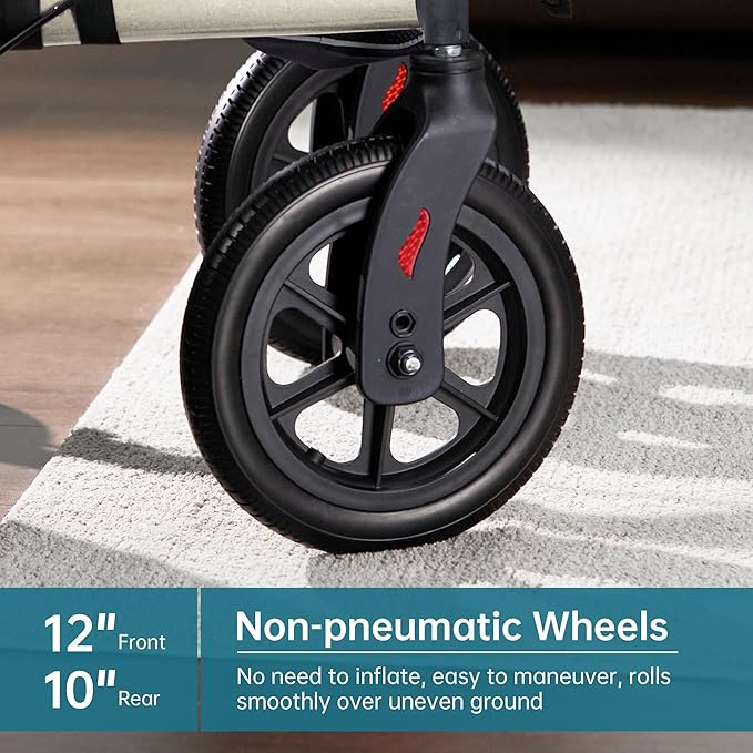 ELENKER All-Terrain Rollator Walker with Seat, Outdoor Rolling Walker, 12” Non-Pneumatic Tire Front Wheels, Compact Folding Design for Seniors, Champagne