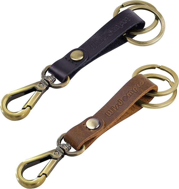 Wisdompro 2 Pcs Genuine Leather Belt Loop Keychain for Men and Women | Heavy Duty Key Chain Holder with Retro Vintage Bronze Belt Loop Clip and 2 Keyrings for Keys, Car Fob