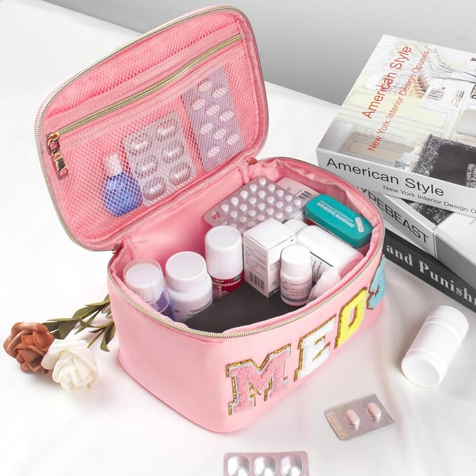 BuyCard Medicines Chenille Letter Bag Nylon Meds Makeup Pouch Preppy Path with Zipper and Handle Cosmetic Toiletry Storage Purse for Women Pink