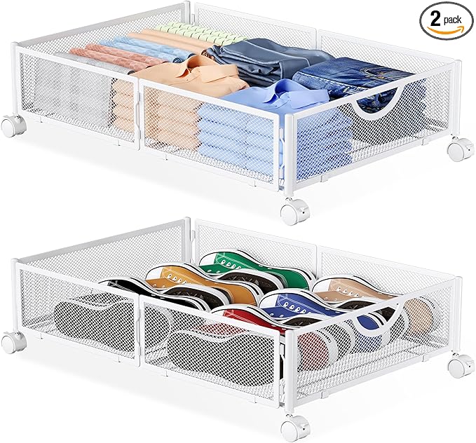 Yecaye Under Bed Storage with Wheels, 2 Pack Under Bed Shoe Storage Organizer Drawer, Tool-free Assembly Metal Underbed Storage Containers for Clothes, Shoes, White