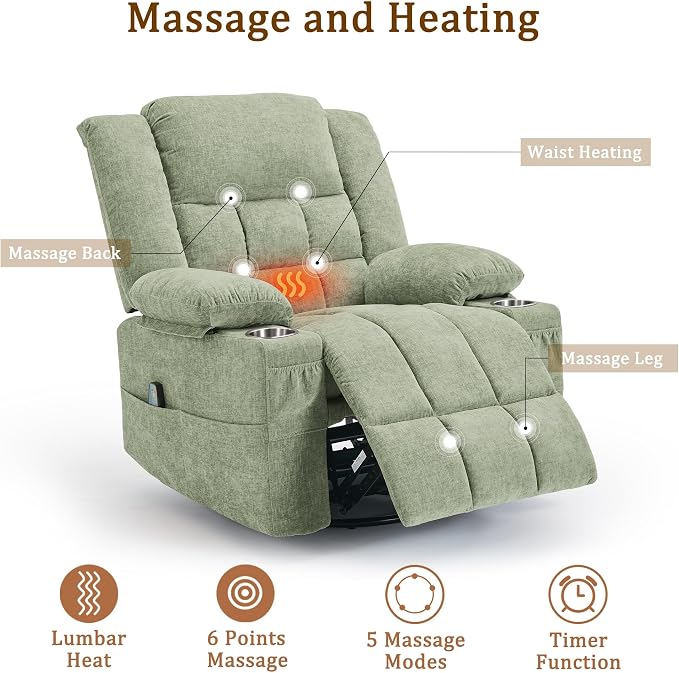 Korser Adult 360° Rotating Recliner with Massage and Heating Functions, Cup Holder and Manual Tilt Mechanism, Suitable for Living Room and Bedroom (Fabric, Turquoise)