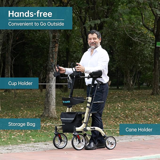 ELENKER Upright Walker, Stand Up Folding Rollator Walker Back Erect Rolling Mobility Walking Aid with Seat, Padded Armrests for Seniors and Adults, Champagne