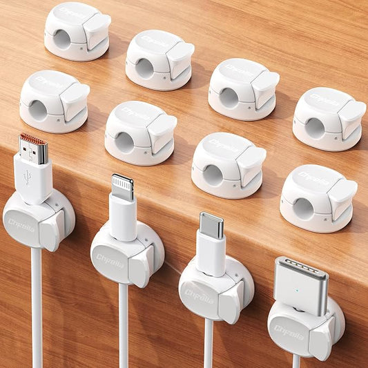12Pack Cord Organizer [Dual Spring & Clasp] [Max Stability] Cable Clips, Chfeila Cord Holder, Desk Cable Management, Adhesive Wire Organizer for Home Office Desktop Nightstand Car Table Wall - White