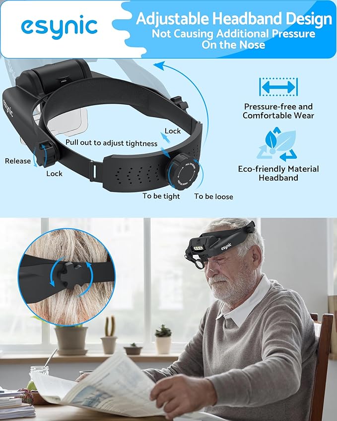 eSynic Professional 1-14X Head Magnifier Wearable Headband Magnifying Glasses Rechargeable Head Magnifying Glass with 3 LED Lights &5 Detachable Acrylic Lenses for Craft Work Reading Sewing etc