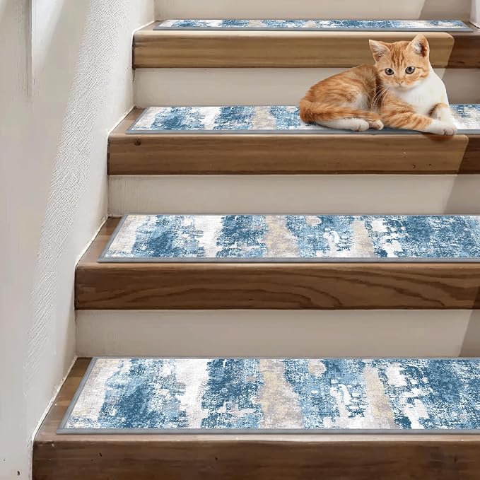 sarben 8"x30" Non Slip Stair Treads for Wooden Steps 15 Pack, Sapphire Sand | Peel and Stick Carpet Stair Runner with TPE Adhesive Backing, Carpet for Added Safety, Pet and Senior Friendly