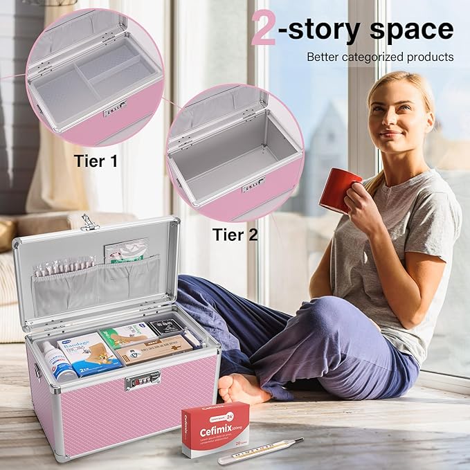 Medicine Lock Box with Combination Lock - 15 x 8.7 x 9.4 Inches - First Aid Safe Medication Storage Box, Personal Items Safe Case for Home and Outdoor - Pink