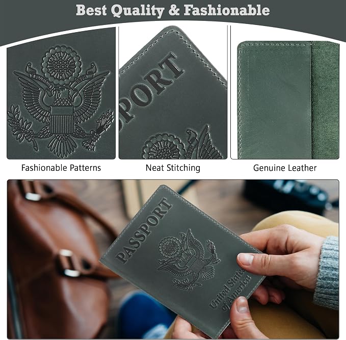 US Leather Passport Book Cover - Thin American Travel Passport Holder - Premium International USA Passport Protector Case for Women Men (Green Vintage)